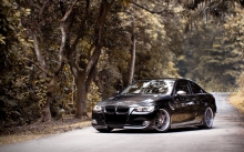 Черный BMW 3 серии, лес, асфальт, черная решетка, деревья